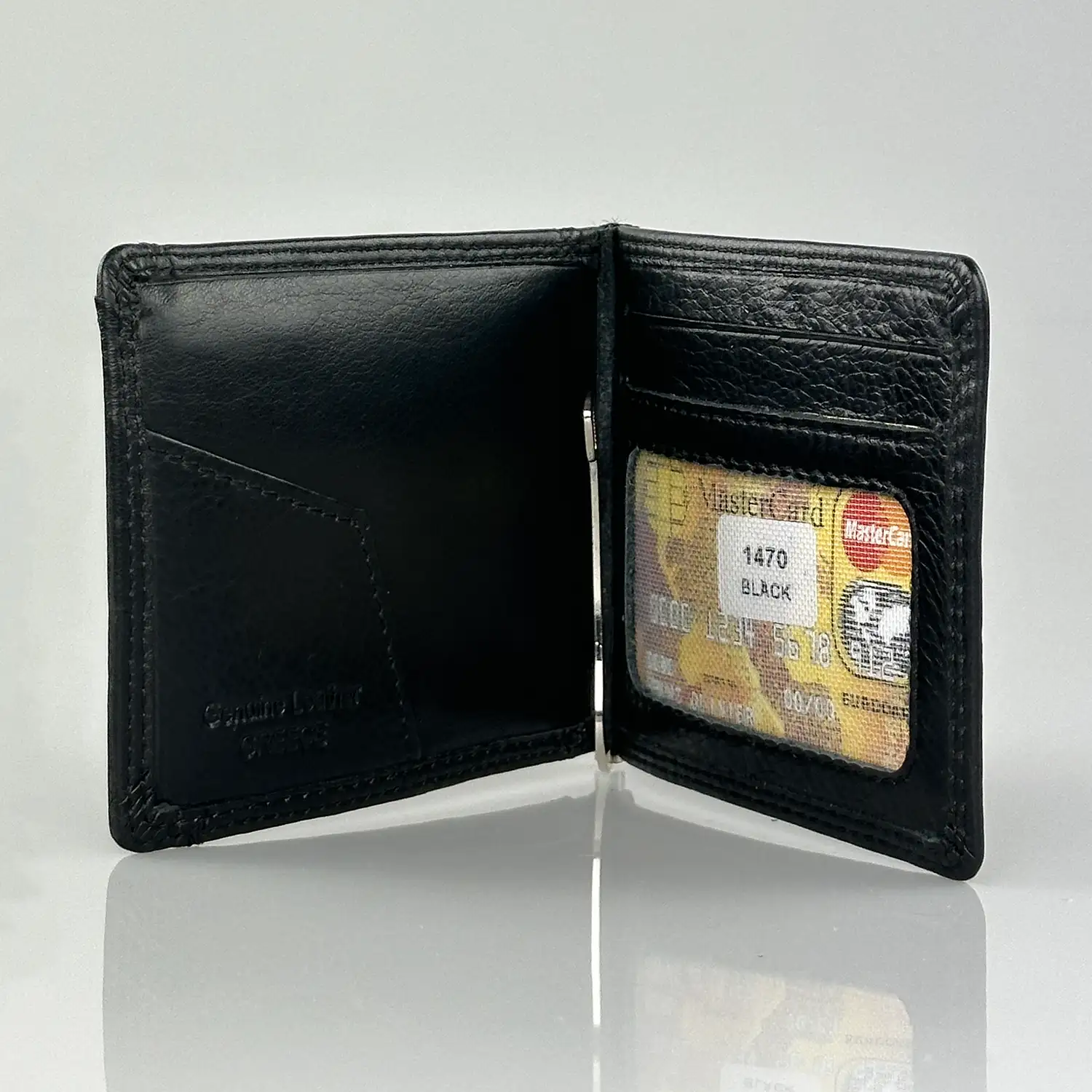 Δερμάτινο ανδρικό πορτοφόλι Calfnero C1470 μαύρο με μεταλλικό έλασμα χαρτονομισμάτων και θήκη για κέρματα.