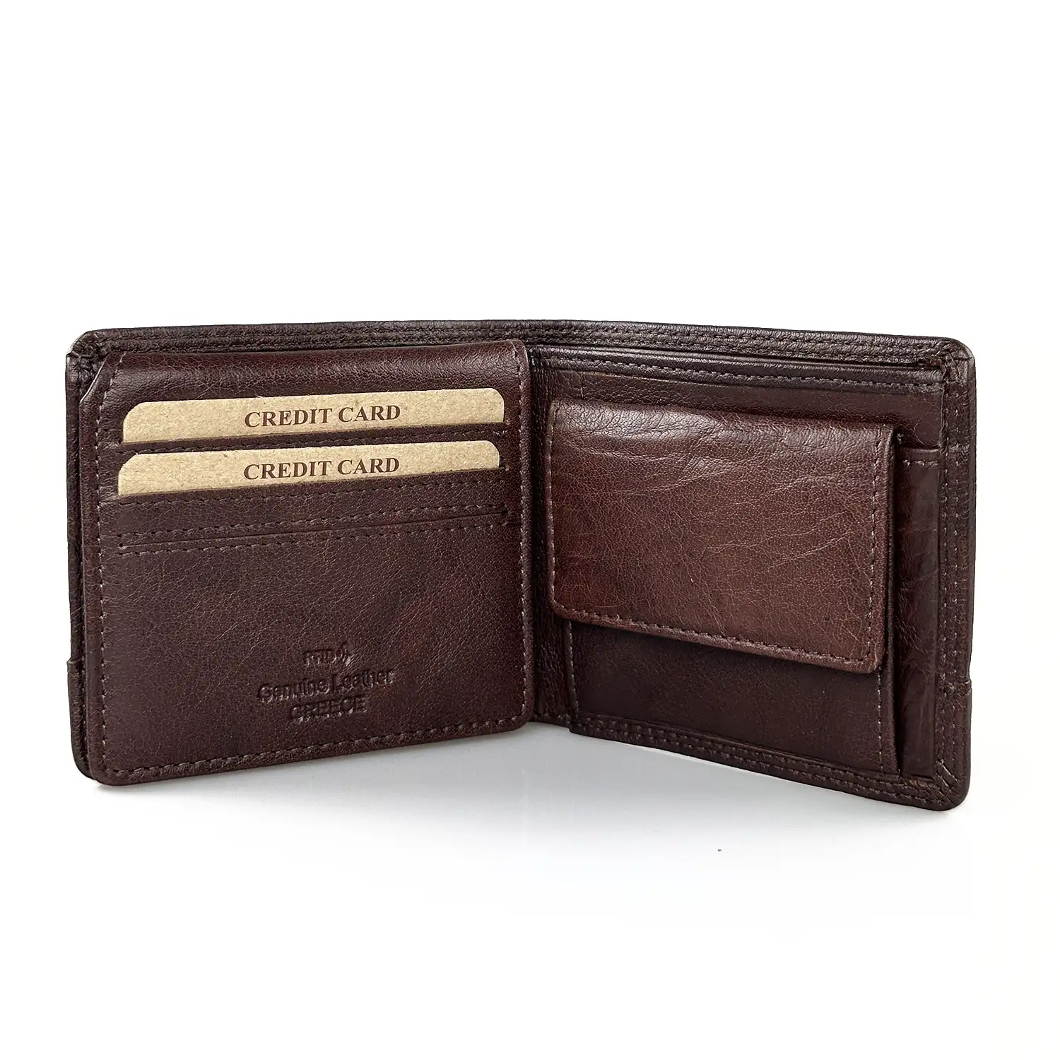 Δερμάτινο ανδρικό πορτοφόλι Calfnero C1923 σε καφέ χρώμα με πολλαπλές θέσεις για κάρτες και εσωτερική θήκη για κέρματα.