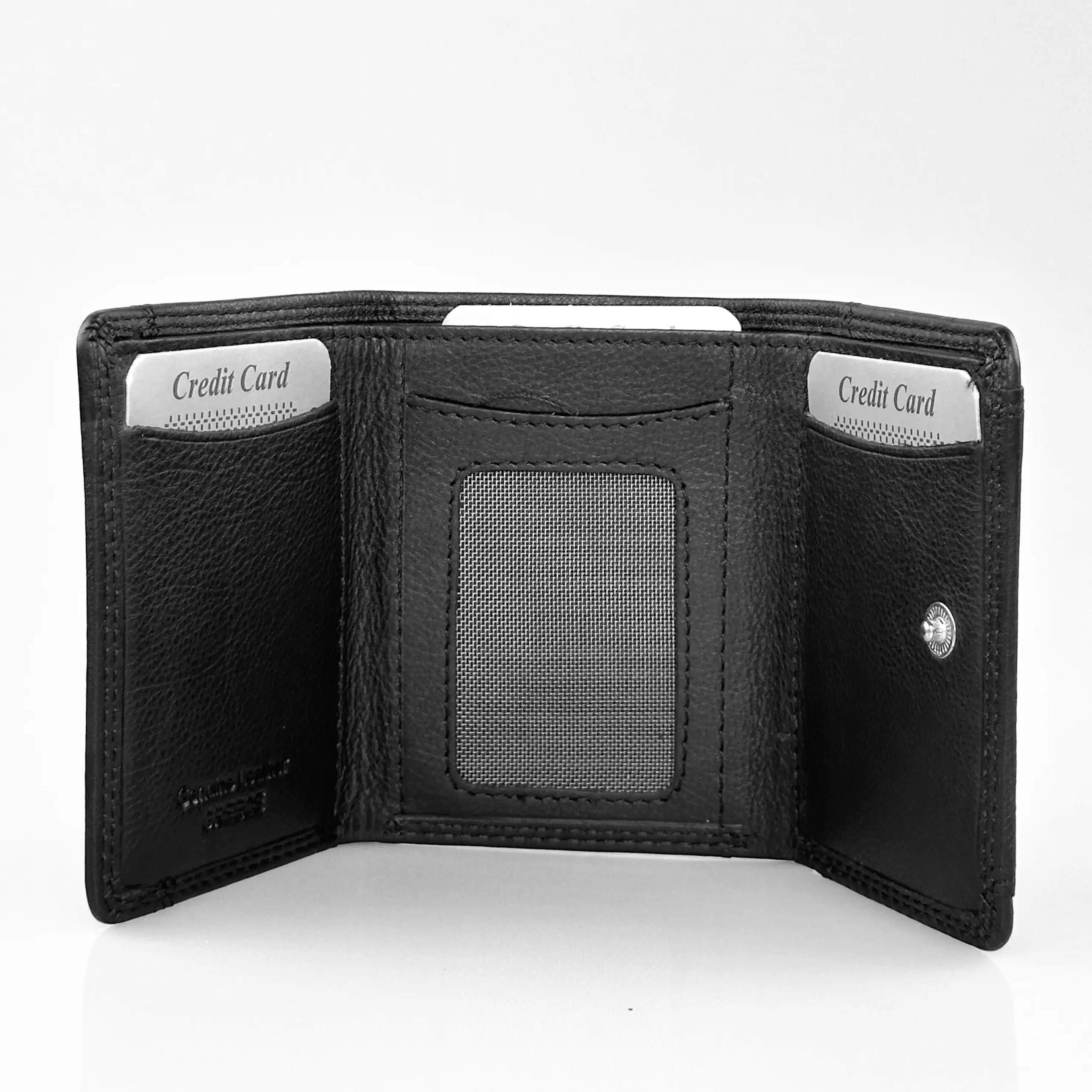 Μικρό μαύρο γυναικείο δερμάτινο πορτοφόλι Calfnero C2004 με εξωτερική θήκη κερμάτων.