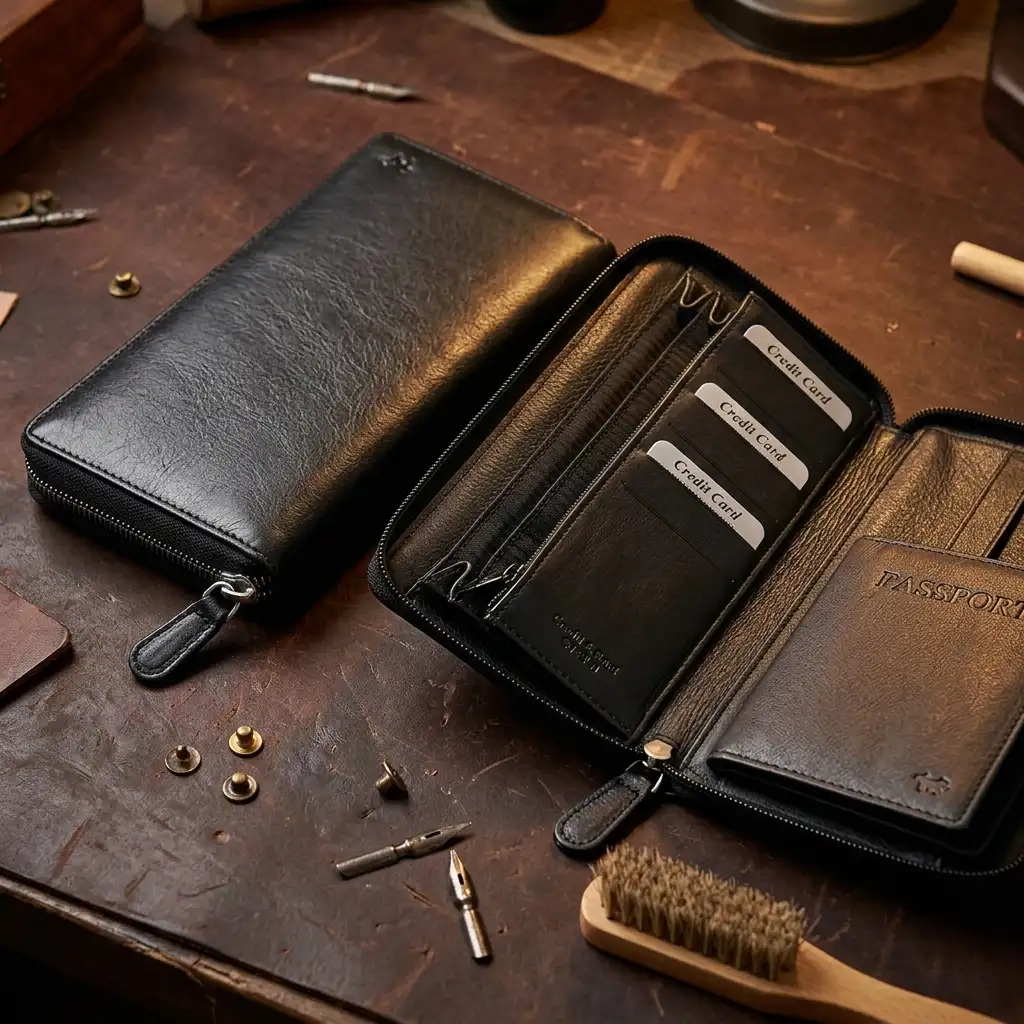 Μεγάλο δερμάτινο πορτοφόλι Calfnero C2872 μαύρο με φερμουάρ και θέσεις καρτών