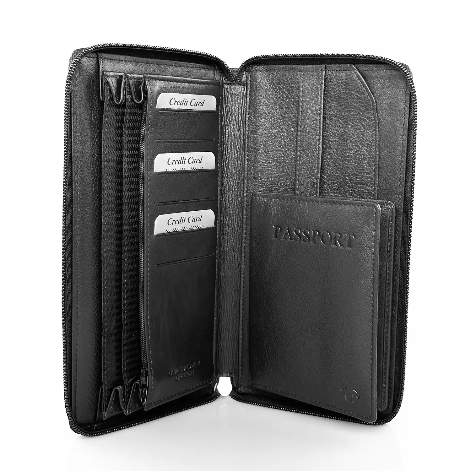 Μεγάλο δερμάτινο πορτοφόλι Calfnero C2872 μαύρο με φερμουάρ και θέσεις καρτών