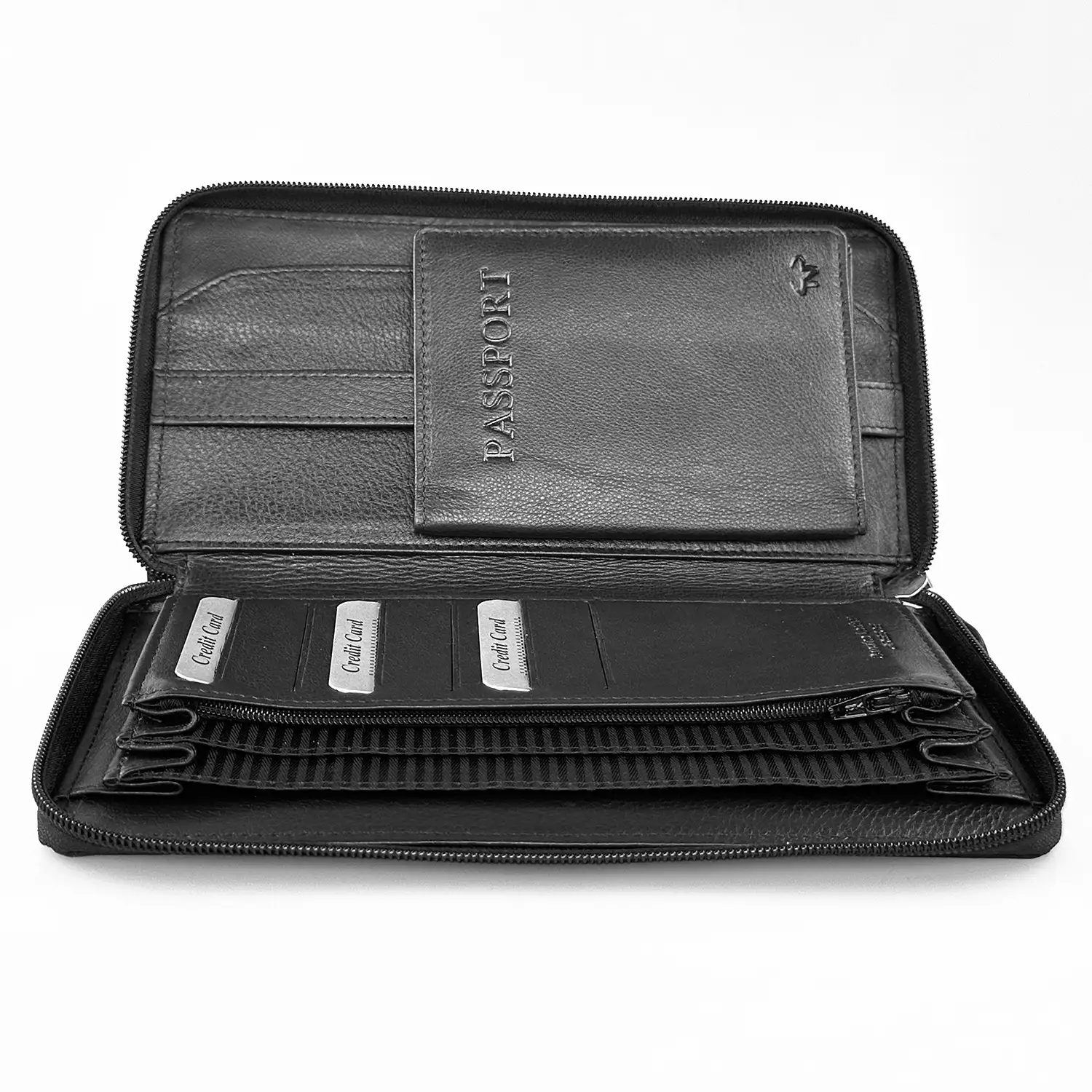 Μεγάλο δερμάτινο πορτοφόλι Calfnero C2872 μαύρο με φερμουάρ και θέσεις καρτών