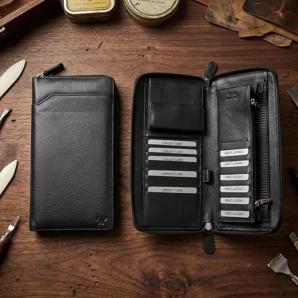 Μεγάλο δερμάτινο πορτοφόλι Calfnero μαύρο με πολλές θέσεις καρτών