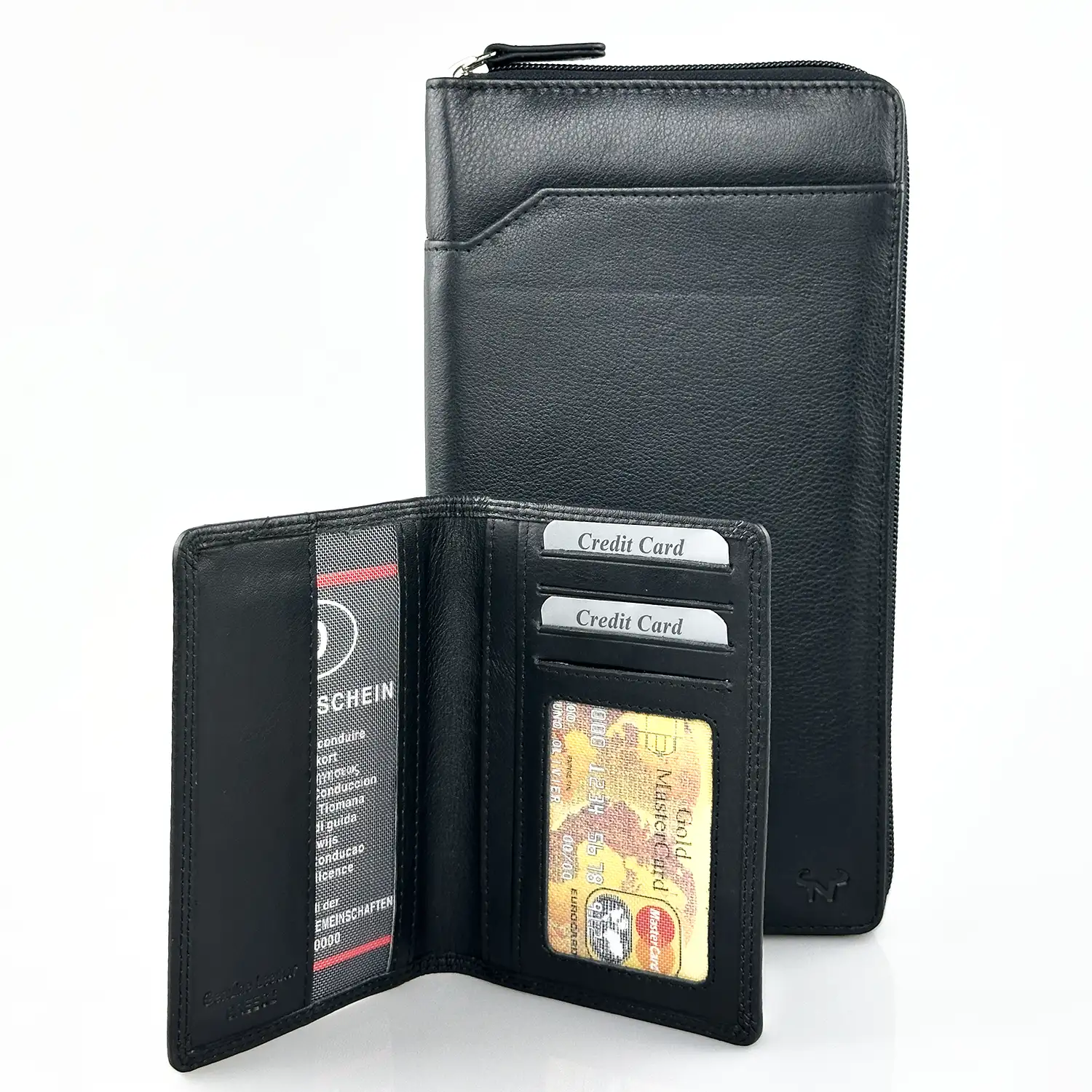 Μεγάλο δερμάτινο πορτοφόλι Calfnero μαύρο με πολλές θέσεις καρτών