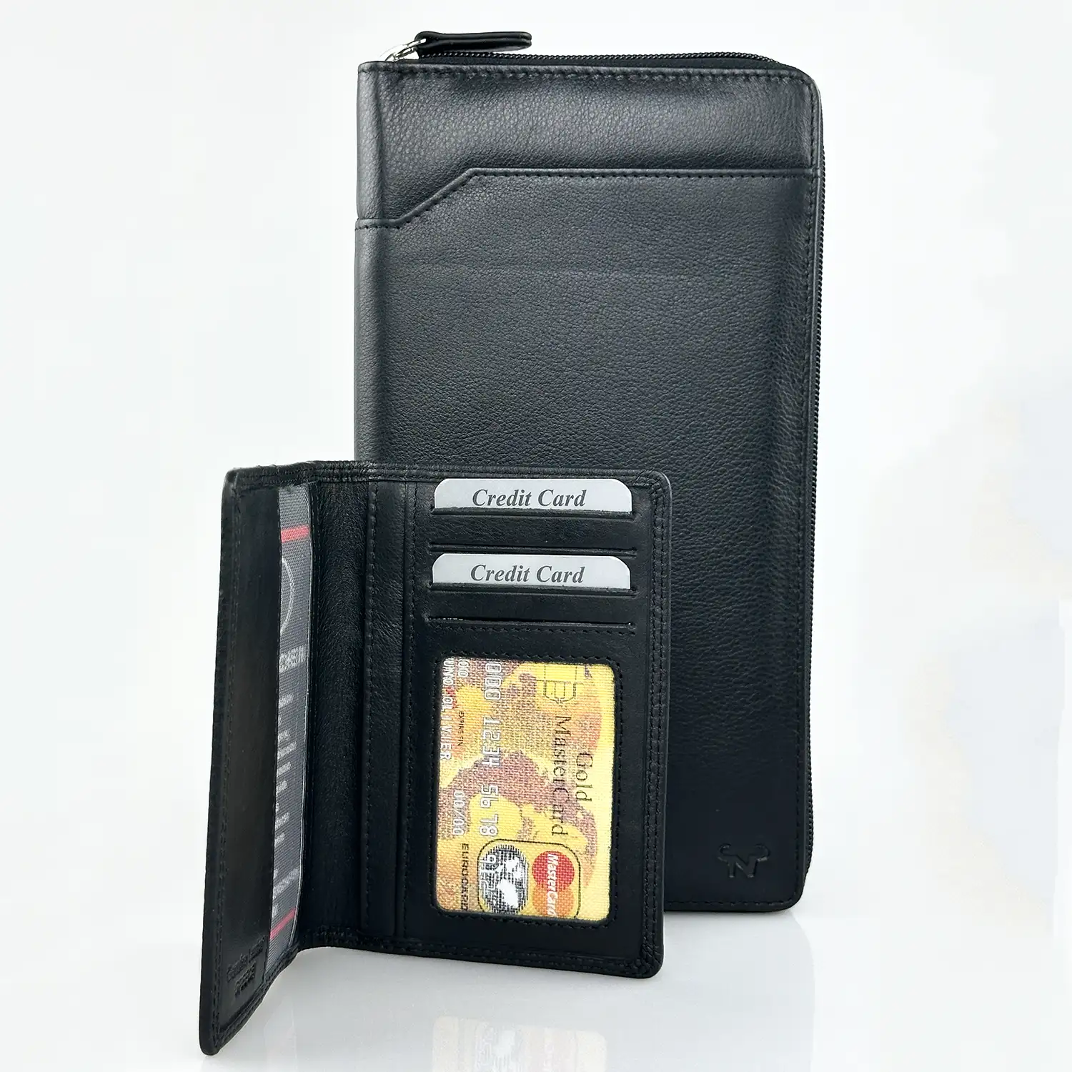 Μεγάλο δερμάτινο πορτοφόλι Calfnero μαύρο με πολλές θέσεις καρτών