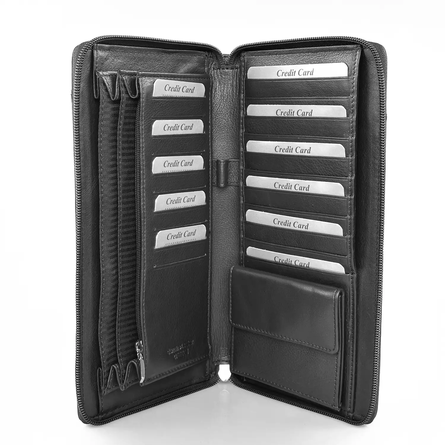 Μεγάλο δερμάτινο πορτοφόλι Calfnero μαύρο με πολλές θέσεις καρτών