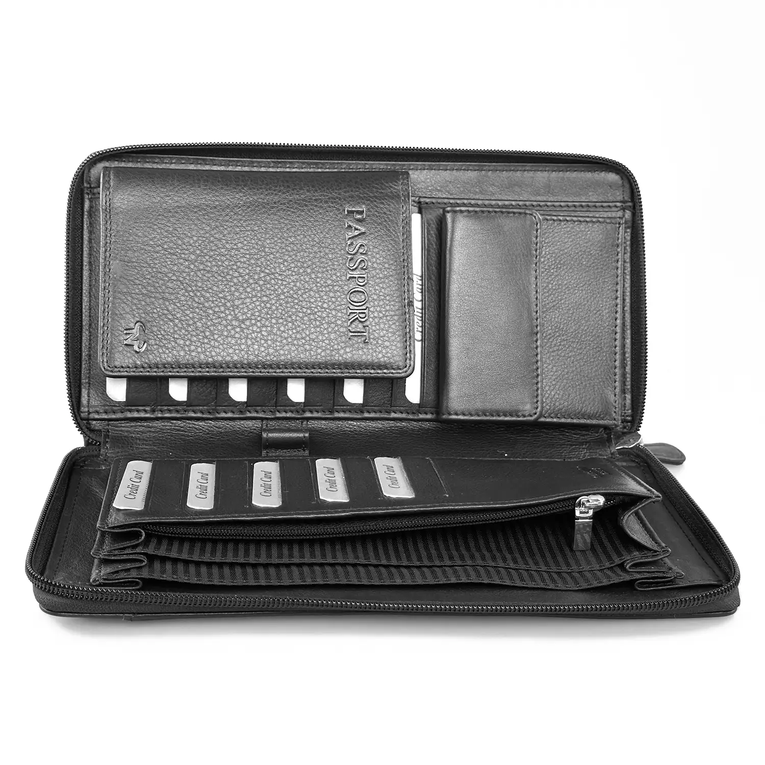 Μεγάλο δερμάτινο πορτοφόλι Calfnero μαύρο με πολλές θέσεις καρτών