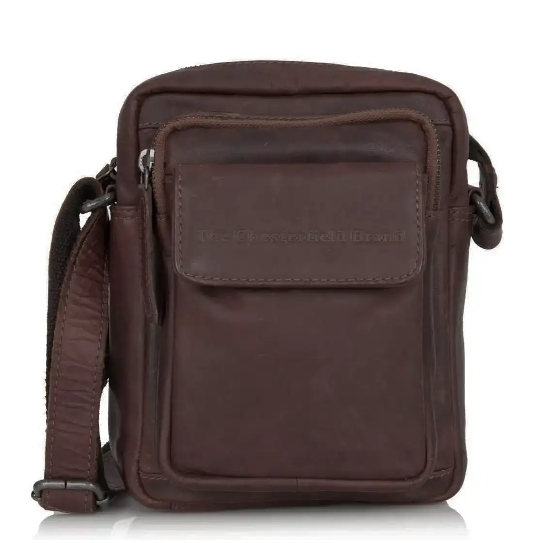 Δερμάτινη τσάντα ώμου χιαστί Chesterfield καφέ με εξωτερική τσέπη και καπάκι