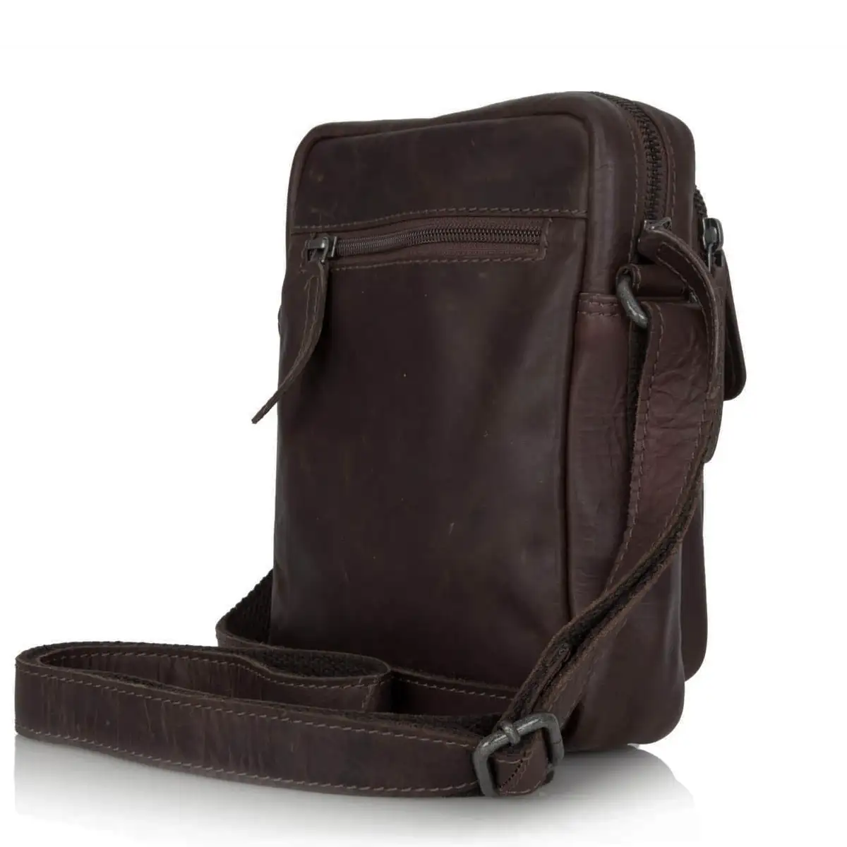 Δερμάτινη τσάντα ώμου χιαστί Chesterfield καφέ με εξωτερική τσέπη και καπάκι