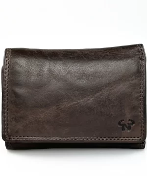Καφέ γυναικείο δερμάτινο πορτοφόλι Calfnero C5035 με εξωτερική θήκη κερμάτων και θέση για κάρτες.