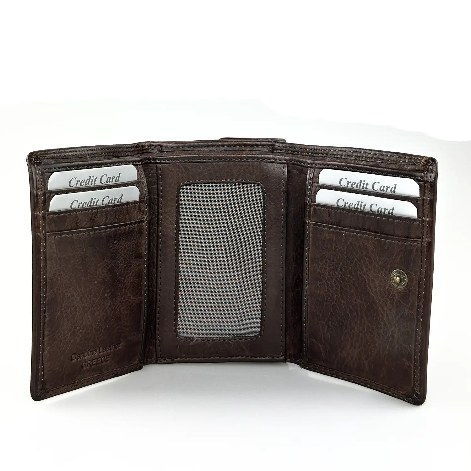 Καφέ γυναικείο δερμάτινο πορτοφόλι Calfnero C5035 με εξωτερική θήκη κερμάτων και θέση για κάρτες.