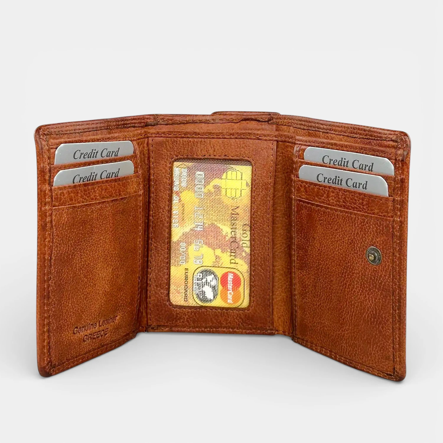 Γυναικείο δερμάτινο πορτοφόλι Calfnero C5035 σε απόχρωση κονιάκ με εξωτερική θήκη για κέρματα.