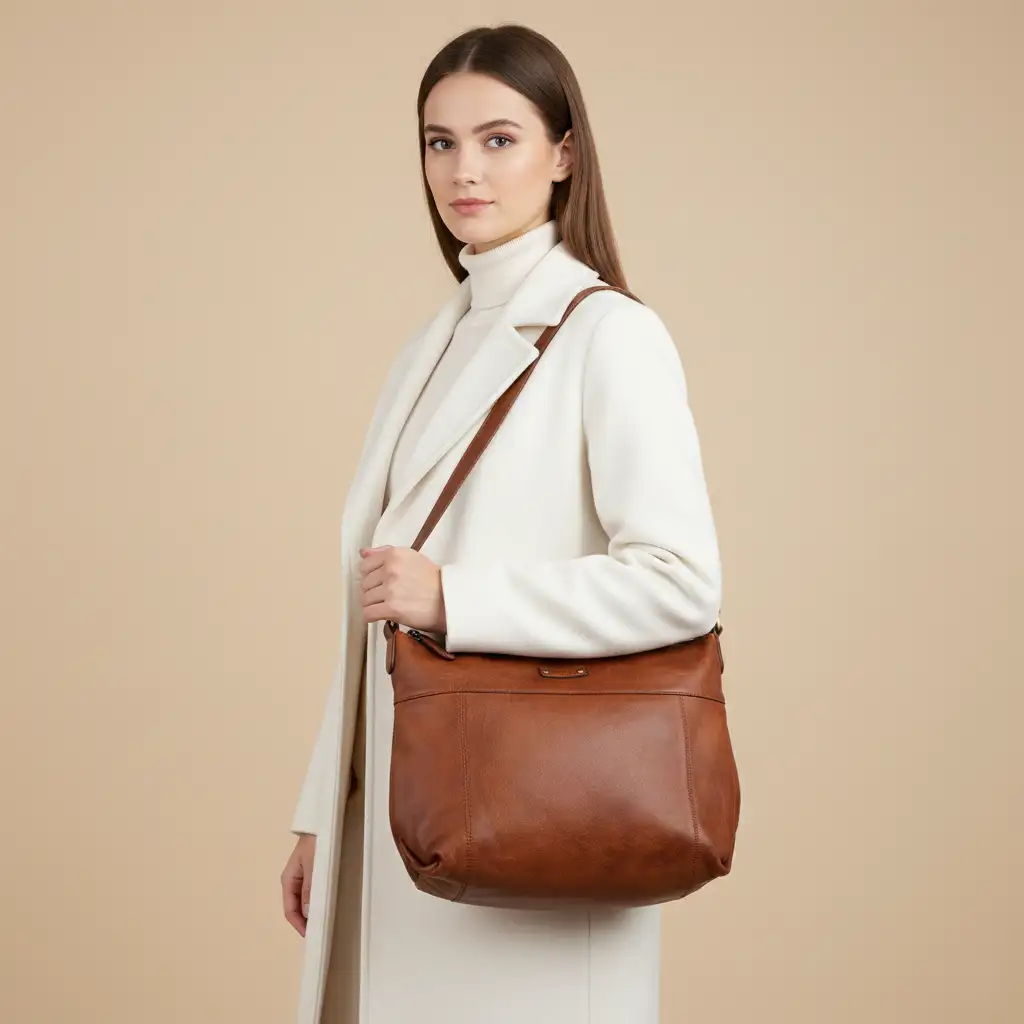 Δερμάτινη τσάντα ώμου και χιαστί Calfnero κονιάκ με αποσπώμενο λουράκι