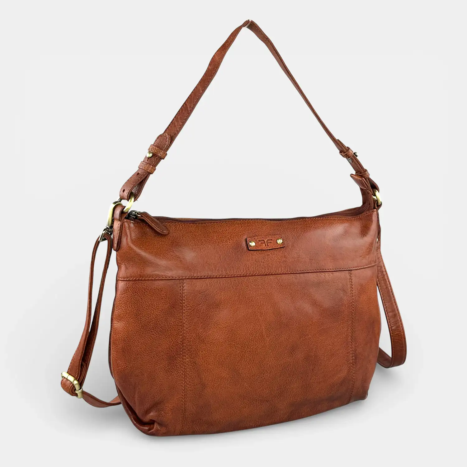 Δερμάτινη τσάντα ώμου και χιαστί Calfnero κονιάκ με αποσπώμενο λουράκι