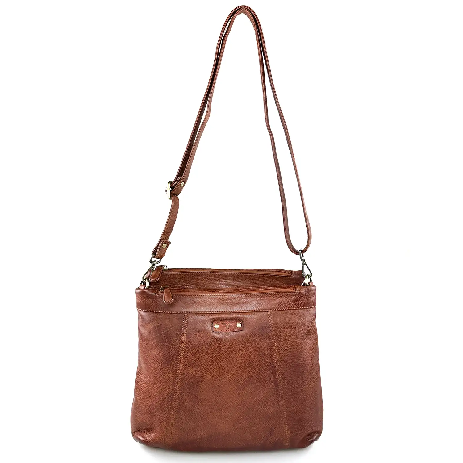 Δερμάτινη τσάντα ώμου και χιαστί Calfnero κονιάκ με θήκες φερμουάρ εμπρός και πίσω