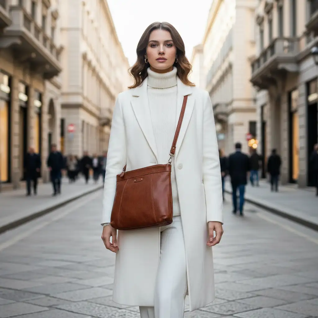 Δερμάτινη τσάντα ώμου και χιαστί Calfnero κονιάκ με θήκες φερμουάρ εμπρός και πίσω