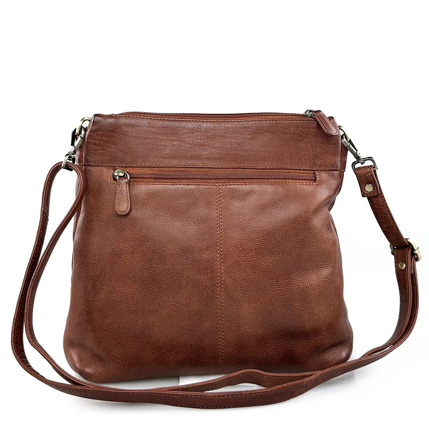 Δερμάτινη τσάντα ώμου και χιαστί Calfnero κονιάκ με θήκες φερμουάρ εμπρός και πίσω