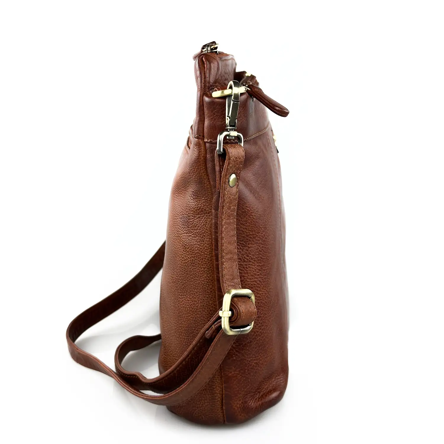 Δερμάτινη τσάντα ώμου και χιαστί Calfnero κονιάκ με θήκες φερμουάρ εμπρός και πίσω