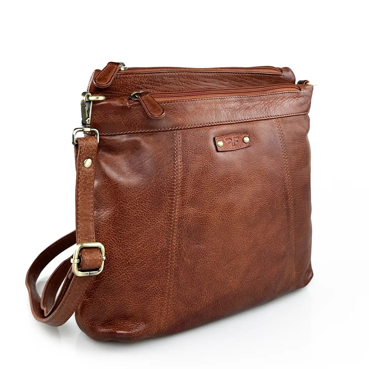 Δερμάτινη τσάντα ώμου και χιαστί Calfnero κονιάκ με θήκες φερμουάρ εμπρός και πίσω