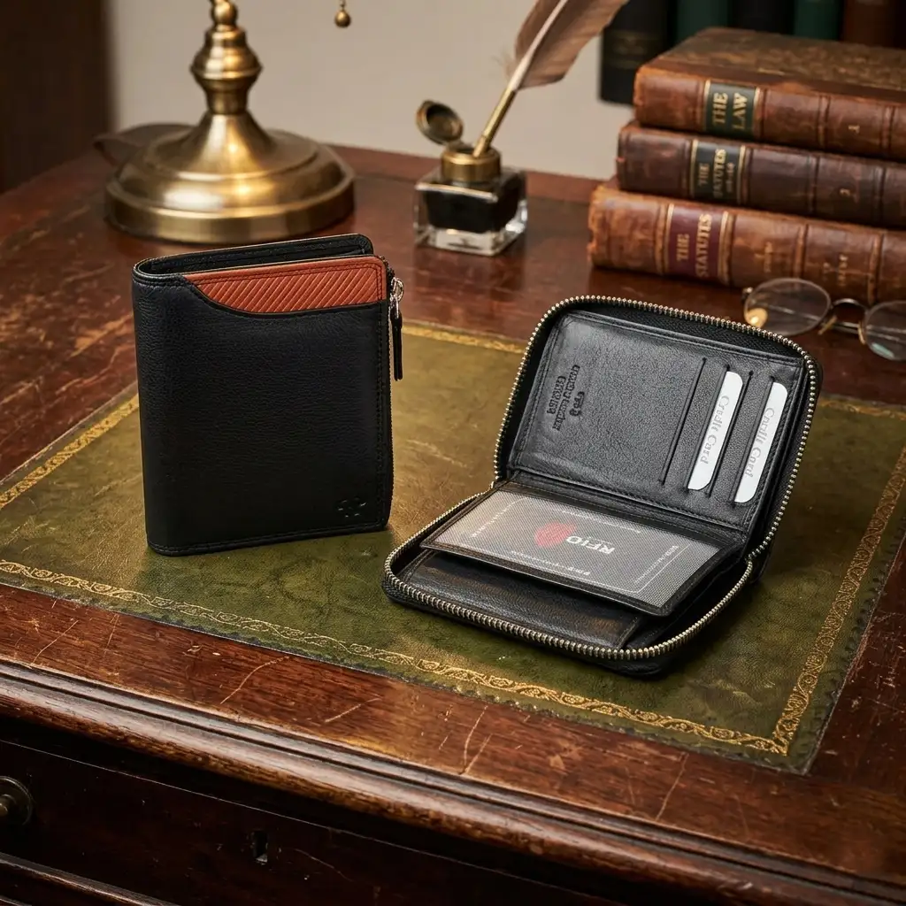 Ανδρικό δερμάτινο πορτοφόλι C-FR12 μαύρο με φερμουάρ και RFID