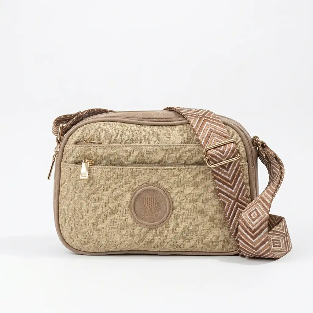 Μπεζ ανοιχτό ψάθινη γυναικεία τσάντα ώμου χιαστί Fragola FH726 με γεωμετρικό ιμάντα