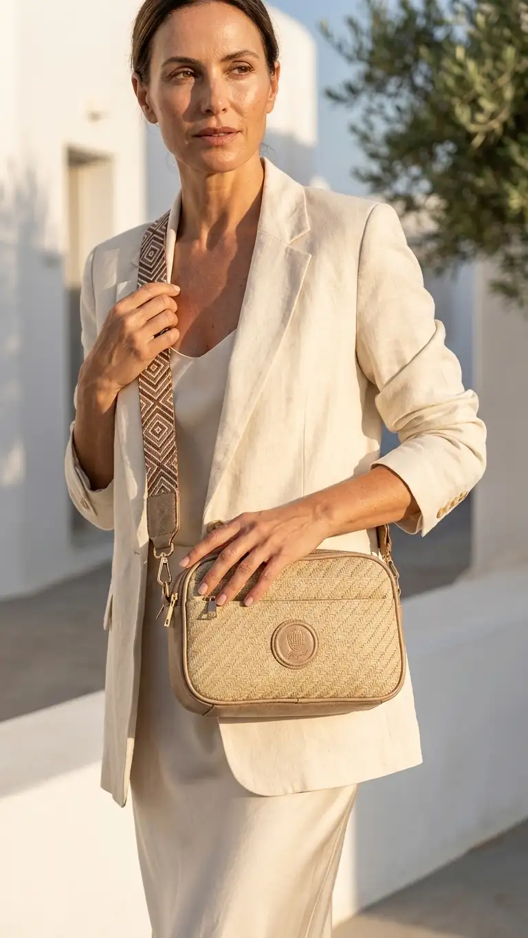 Μπεζ ανοιχτό ψάθινη γυναικεία τσάντα ώμου χιαστί Fragola FH726 με γεωμετρικό ιμάντα