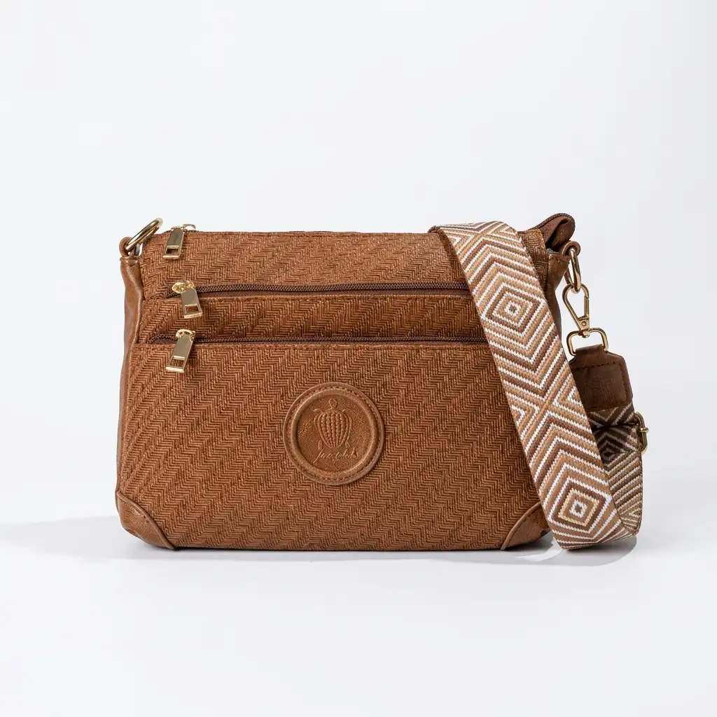 Καφέ ανοιχτό ψάθινη γυναικεία τσάντα ώμου χιαστί Fragola FH727 με γεωμετρικό ιμάντα