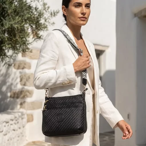 Ψάθινη Γυναικεία Τσάντα Ώμου Χιαστί Fragola FH728 Μαύρο