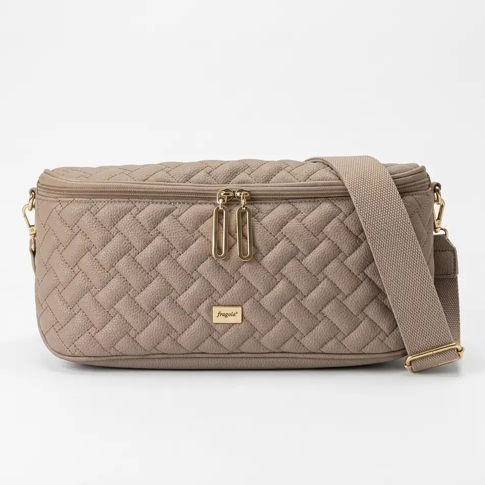 Μπεζ καπιτονέ γυναικεία τσάντα μέσης με φαρδύ λουρί ώμου