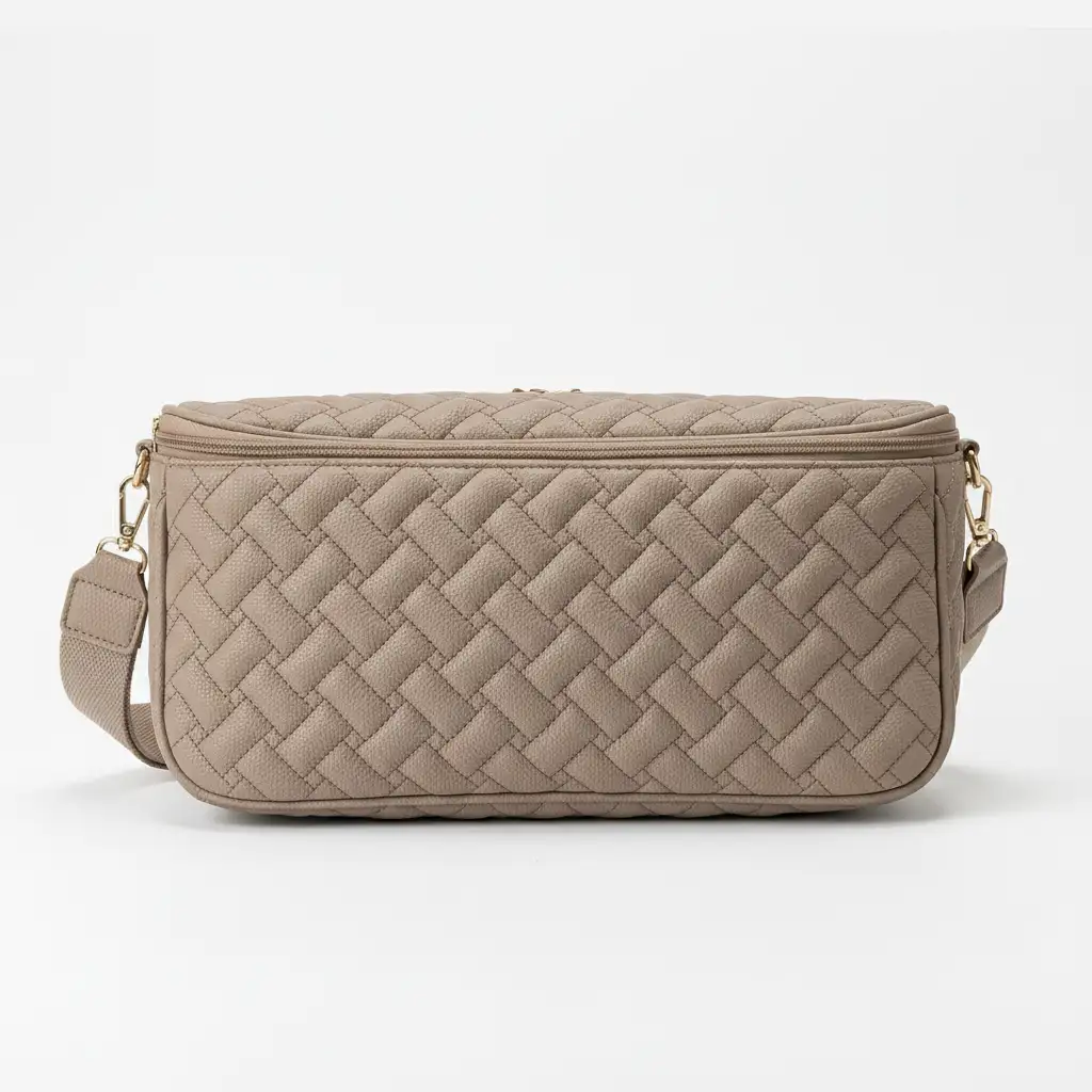 Μπεζ καπιτονέ γυναικεία τσάντα μέσης με φαρδύ λουρί ώμου