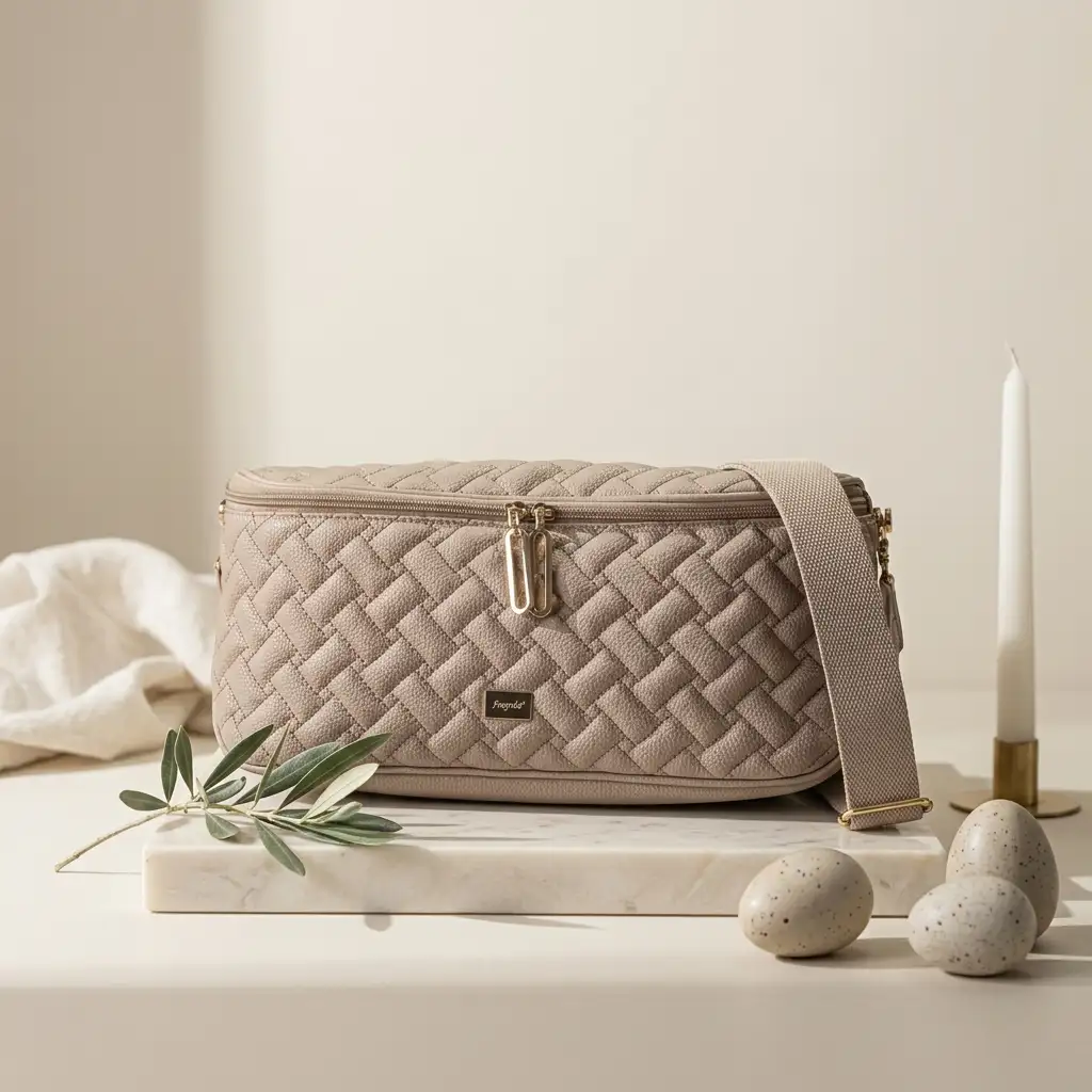 Μπεζ καπιτονέ γυναικεία τσάντα μέσης με φαρδύ λουρί ώμου