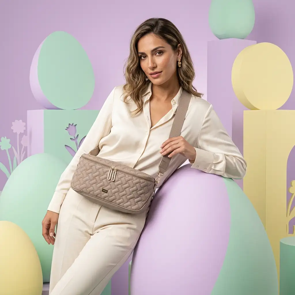 Μπεζ καπιτονέ γυναικεία τσάντα μέσης με φαρδύ λουρί ώμου