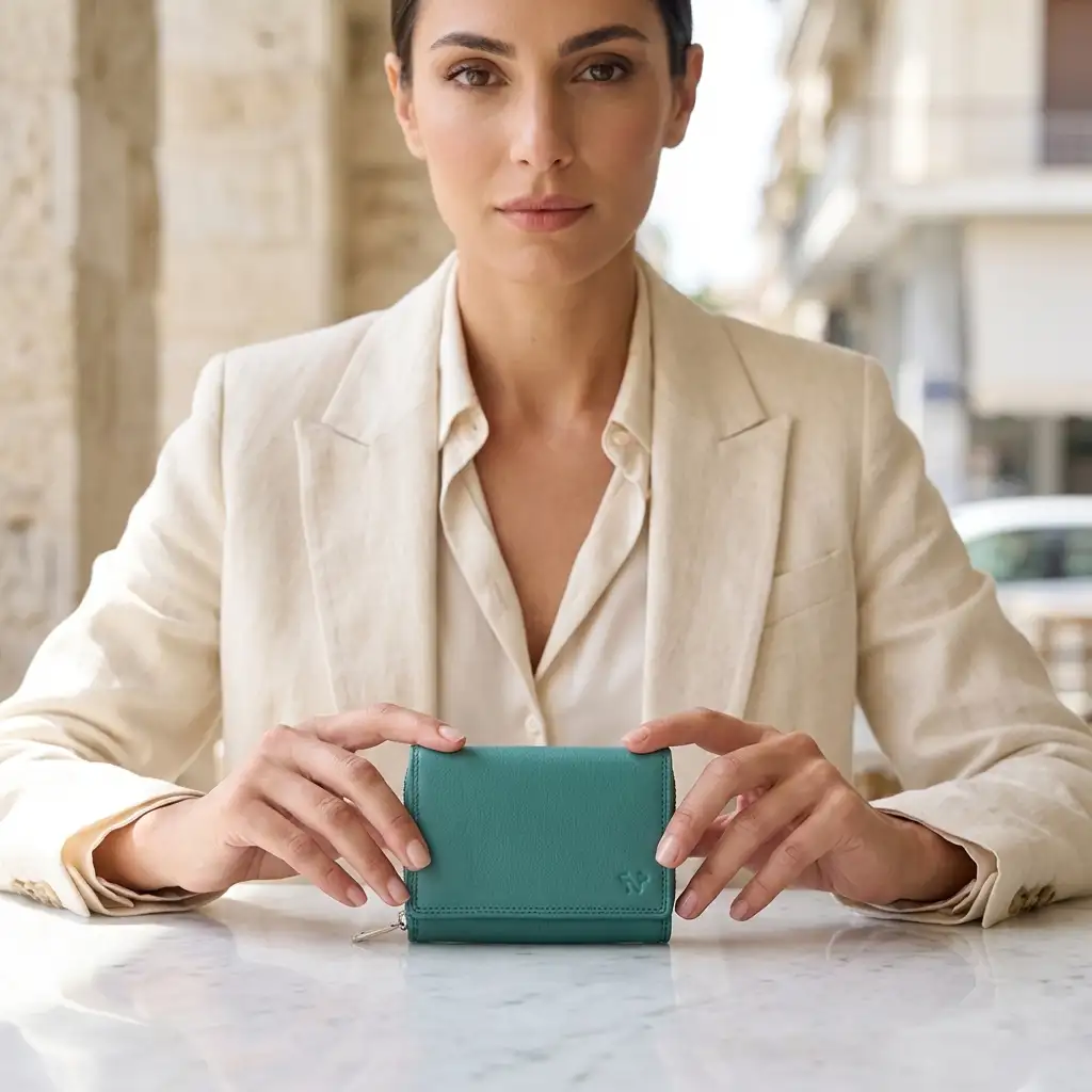 Μικρό γυναικείο δερμάτινο πορτοφόλι Calfnero F1412 σε χρώμα μέντα