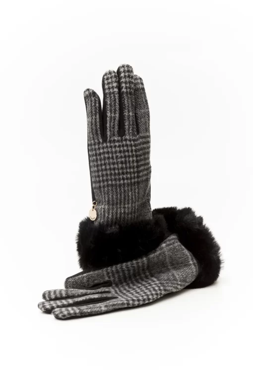 Καρό γυναικείο γάντι με συνθετική γούνα Χρώμα: Μαύρο