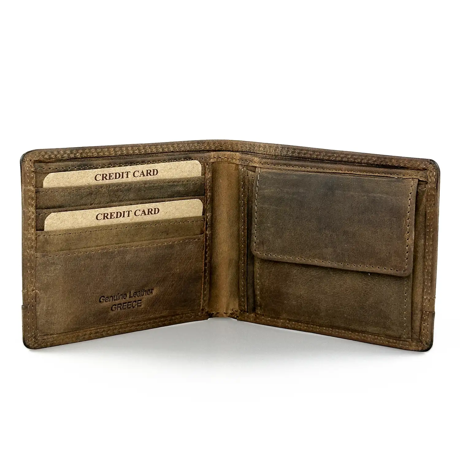 Δερμάτινο ανδρικό πορτοφόλι Calfnero H1349 σε καφέ χρώμα με εσωτερική θήκη κερμάτων και κλασικό σχεδιασμό.