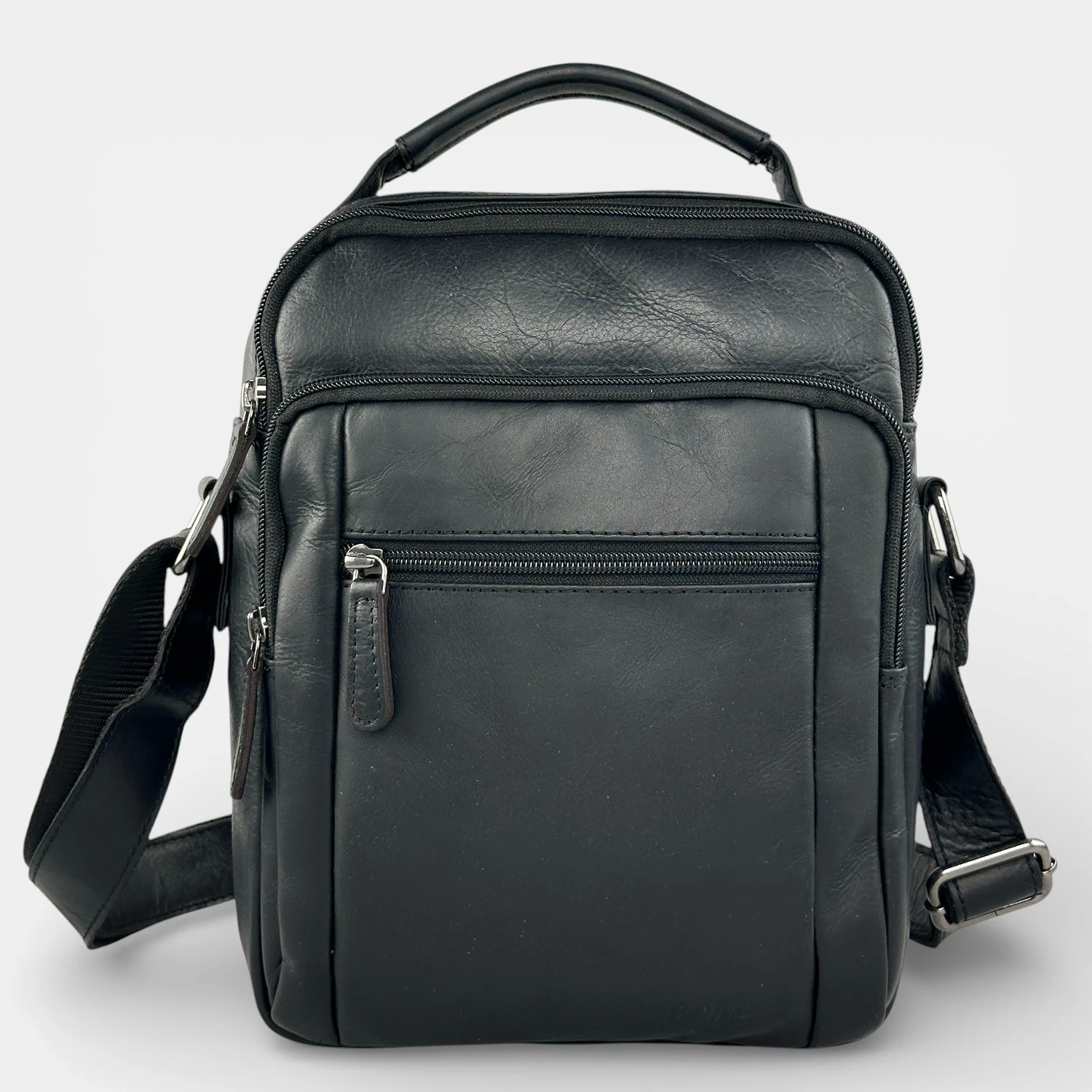 Ανδρική δερμάτινη τσάντα ώμου και χειρός RCM μαύρη με πολλές θήκες