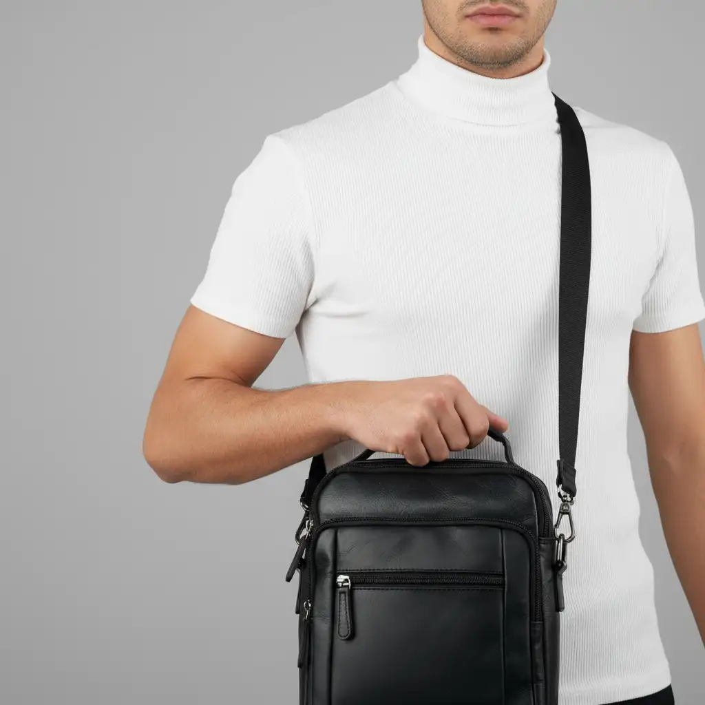 Ανδρική δερμάτινη τσάντα ώμου και χειρός RCM μαύρη με πολλές θήκες