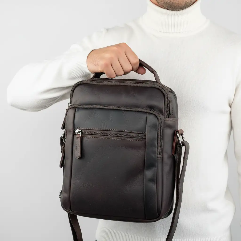 Ανδρική δερμάτινη τσάντα ώμου και χειρός RCM καφέ με πολλές θήκες και φερμουάρ