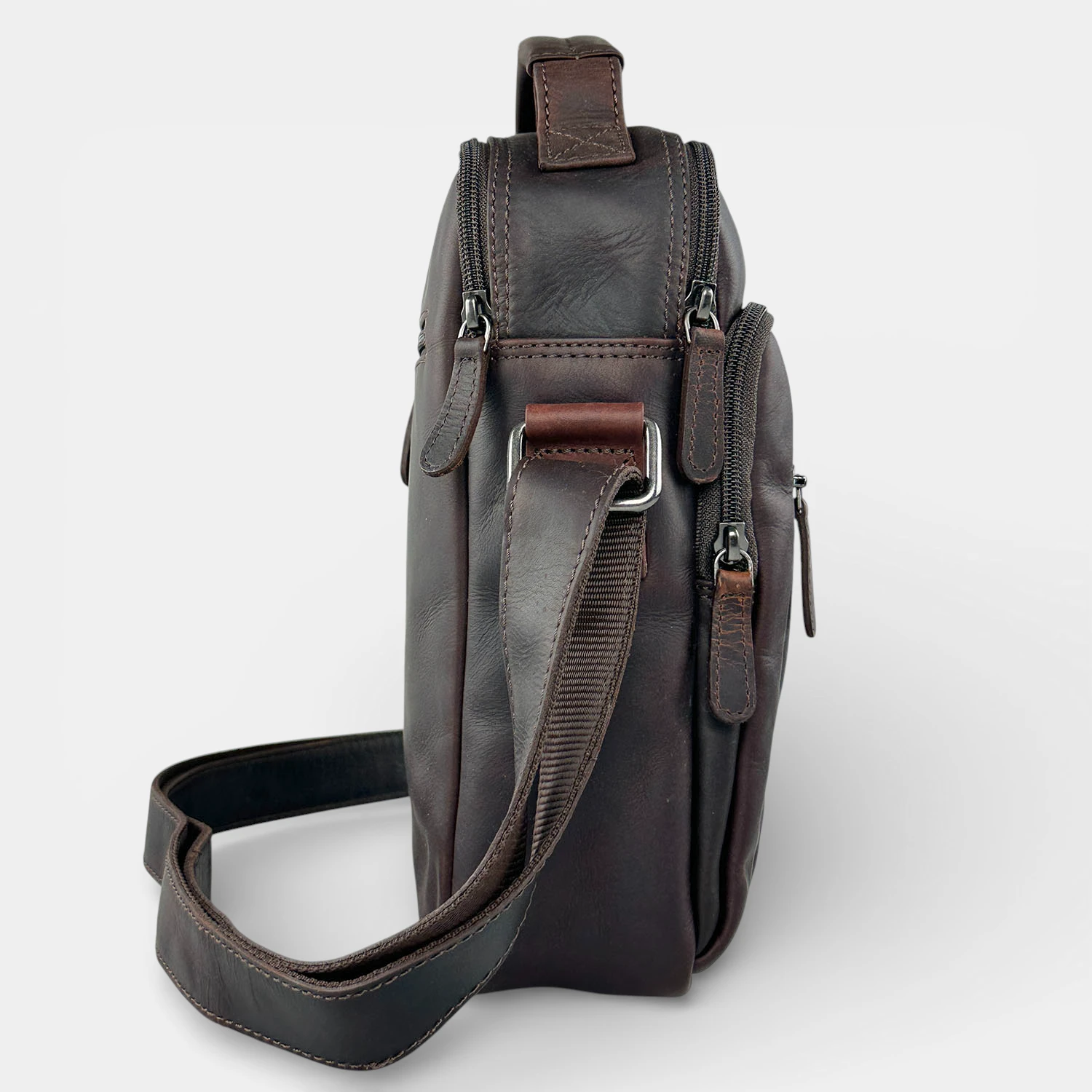 Ανδρική δερμάτινη τσάντα ώμου και χειρός RCM καφέ με πολλές θήκες και φερμουάρ