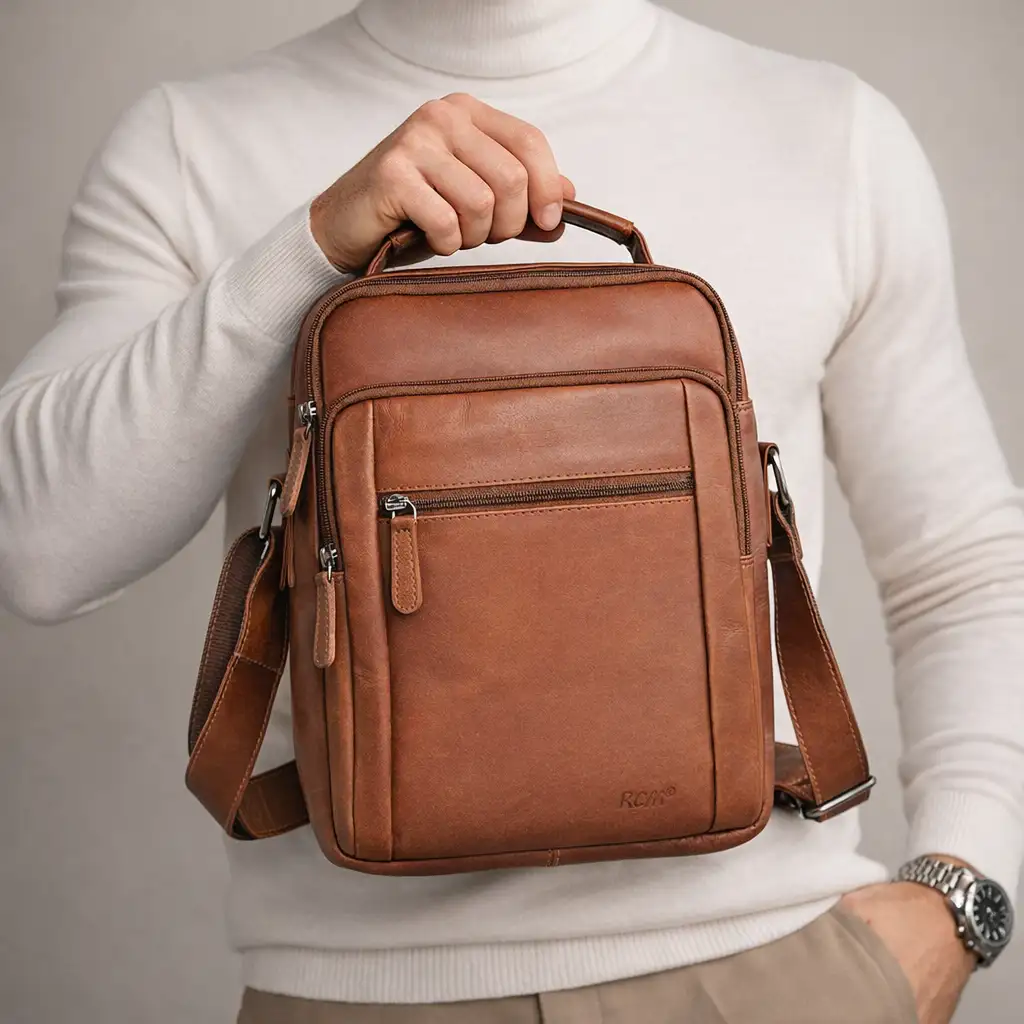 Ανδρική δερμάτινη τσάντα ώμου και χειρός RCM ταμπά με πολλές θήκες και φερμουάρ