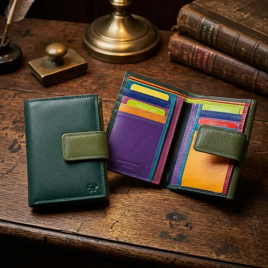 Πράσινο γυναικείο δερμάτινο πορτοφόλι Calfnero HD01 με πολλές θέσεις για κάρτες και χαρτονομίσματα.