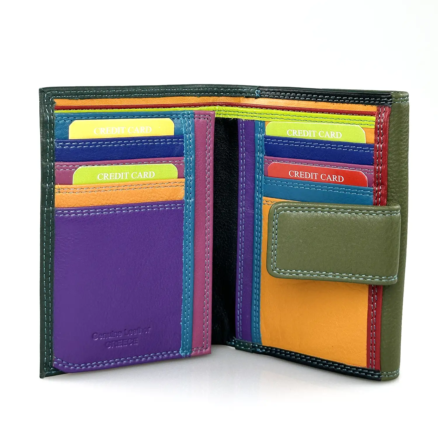 Πράσινο γυναικείο δερμάτινο πορτοφόλι Calfnero HD01 με πολλές θέσεις για κάρτες και χαρτονομίσματα.