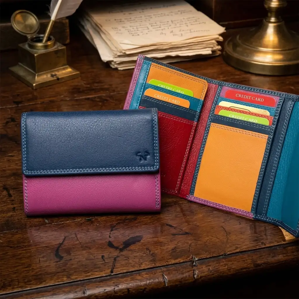 Μεσαίο φούξια γυναικείο δερμάτινο πορτοφόλι Calfnero HD1005 με εξωτερική θήκη κερμάτων και διαφάνειες.