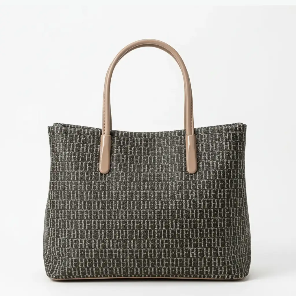 Σκούρα γυναικεία τσάντα χειρός με μοτίβο και nude λεπτομέρειες