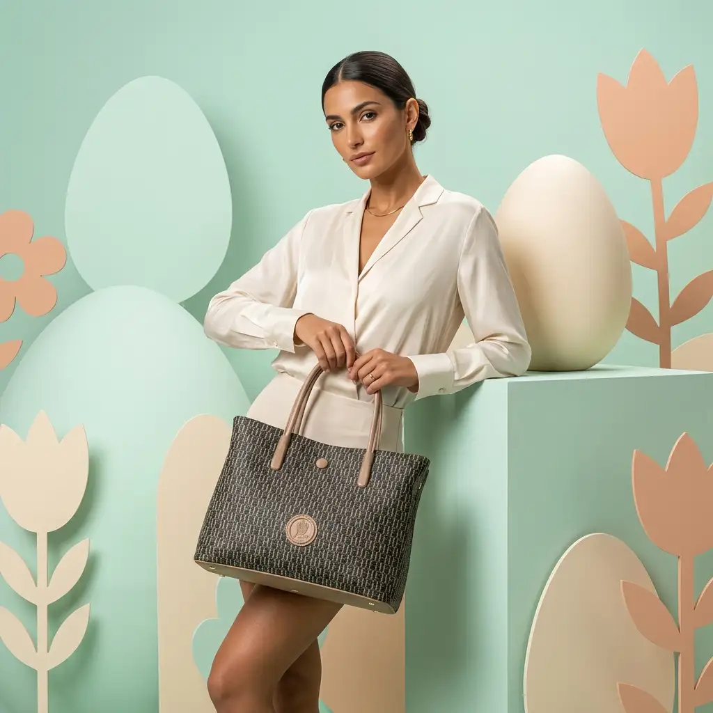 Σκούρα γυναικεία τσάντα χειρός με μοτίβο και nude λεπτομέρειες