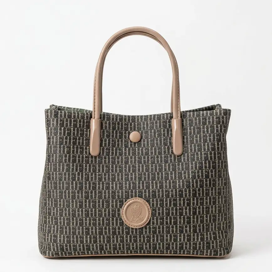 Σκούρα γυναικεία τσάντα χειρός με μοτίβο και nude λεπτομέρειες