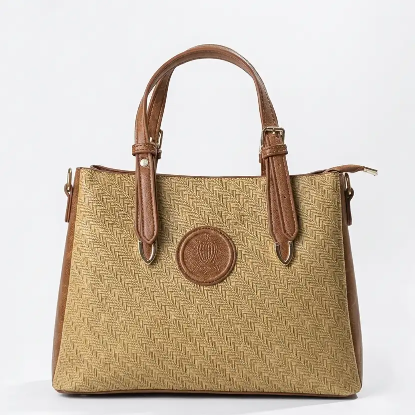 Μπεζ γυναικεία τσάντα χειρός με υφή ψάθας και καφέ λουριά