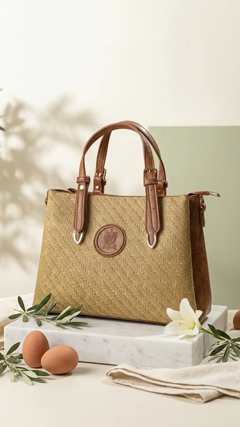Μπεζ γυναικεία τσάντα χειρός με υφή ψάθας και καφέ λουριά