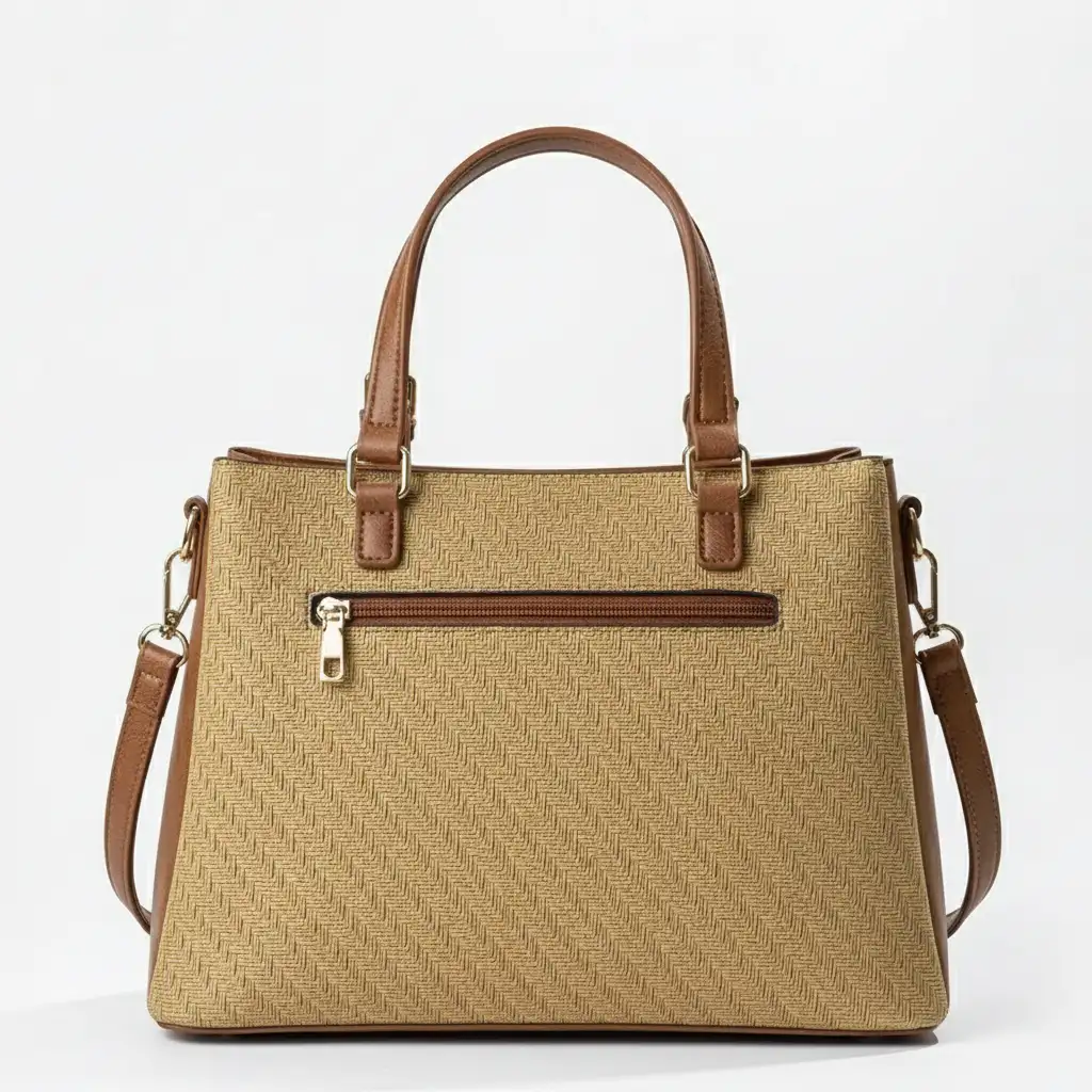 Μπεζ γυναικεία τσάντα χειρός με υφή ψάθας και καφέ λουριά