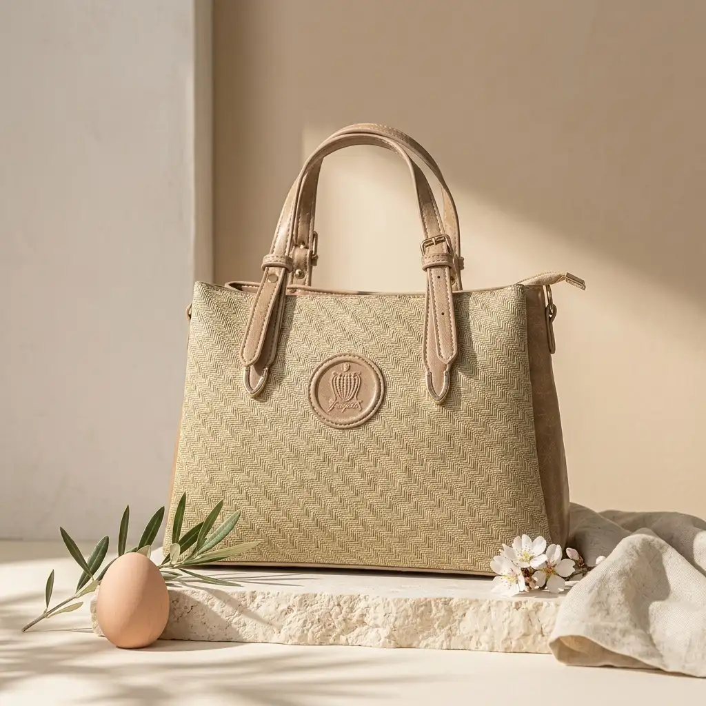 Ανοιχτό μπεζ γυναικεία τσάντα χειρός με υφή ψάθας και μπεζ λουριά